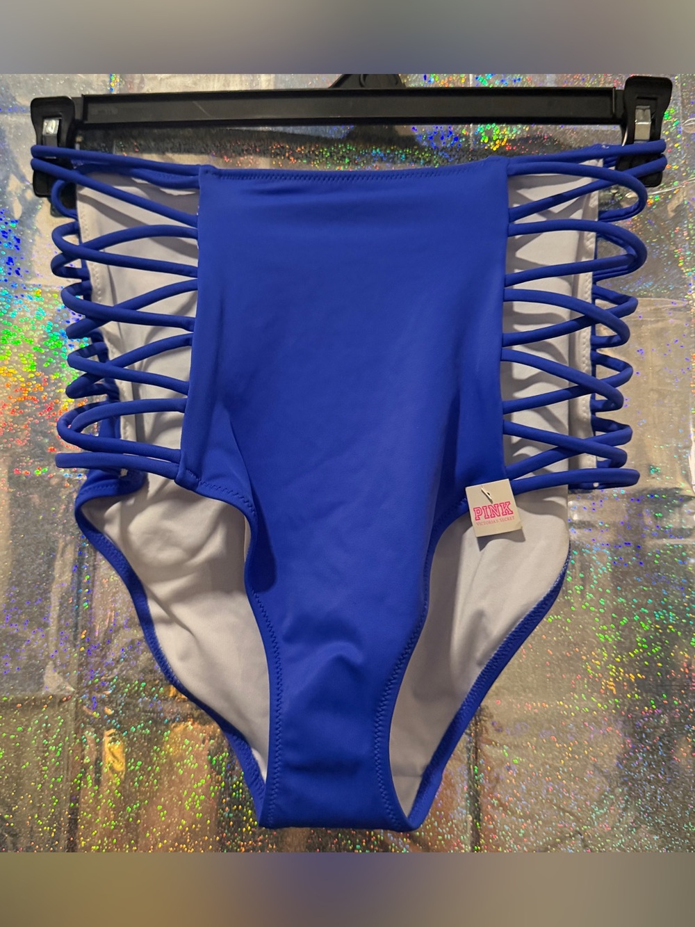 PINK Victoria’s Secret Blue Strappy High Waist Bikini Bottoms Size Large